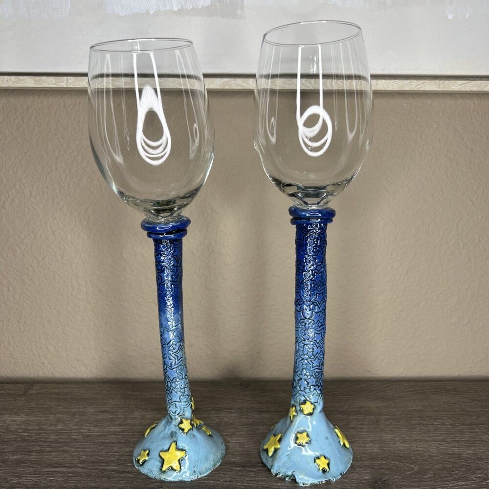 Signed Art Pottery Stem Wine Glasses 15"h Hand Painted Boho Unique Shelley Stars
